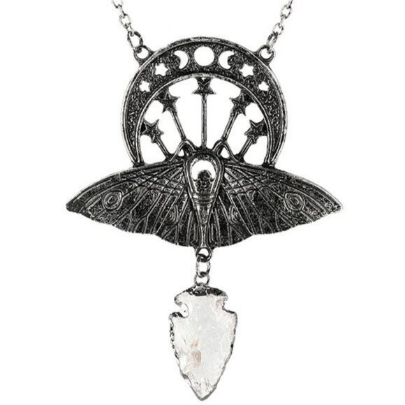 Death Moth Quartz Pendant – Restyle ✦ Moon Phases ✦ Raw Arrowhead ✦ Black/Silver - Picture 5 of 12